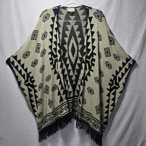 Say What Womens Geometric Print Fringe Kimono Cardigan Sweater M Made in USA
